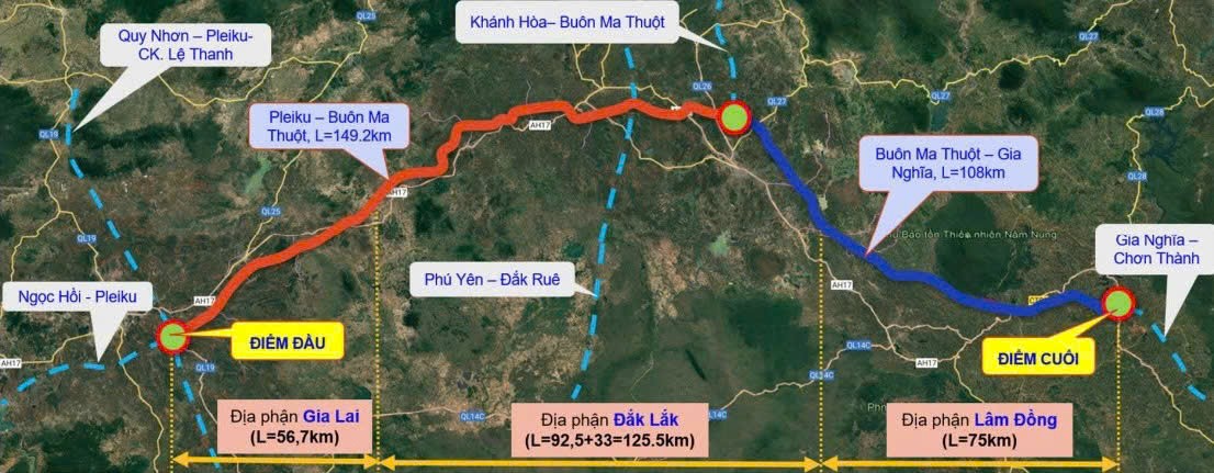 Bản đồ hướng tuyến đường bộ cao tốc Bắc - Nam phía Tây đoạn Pleiku - Buôn Ma Thuột - Gia Nghĩa
