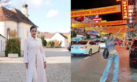 "Nàng hậu" xuất ngoại: Thiên Ân diện áo mangto ở trời  Âu, Tiểu Vy thưởng thức ẩm thực Thái