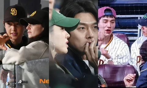 Loạt sao Hàn đình đám đổ bộ sân bóng chày: Song Joong Ki và vợ Tây hiếm hoi lộ diện
