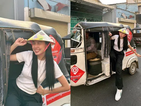 Hoa hậu Thùy Tiên giản dị đội nón lá Việt Nam mang Tết hạnh phúc cho kiều bào ở Campuchia