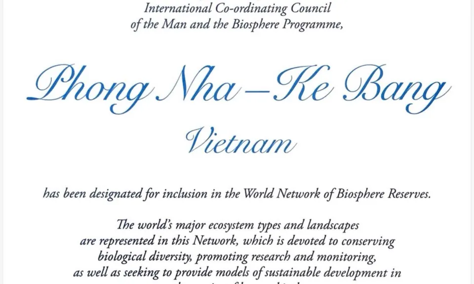Phong Nha – Kẻ Bàng được UNESCO vinh danh là Khu Dự trữ sinh quyển thế giới